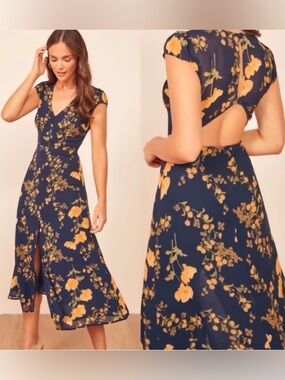 Reformation Wellfleet Bernadette Navy/Yellow Floral Midi Dress Size 8 - Like New